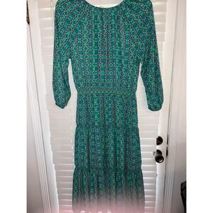Matilda Jane Floral Print Dress Smocked‎ Waist Tiered Long Sleeve Green Size S